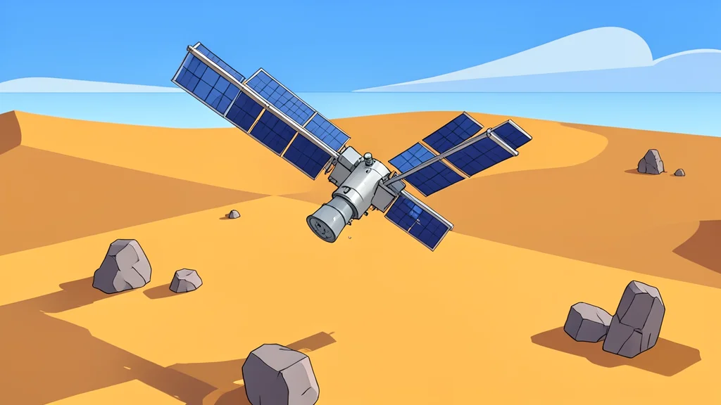 A satellite orbiting above a desert landscape with scattered stone structures