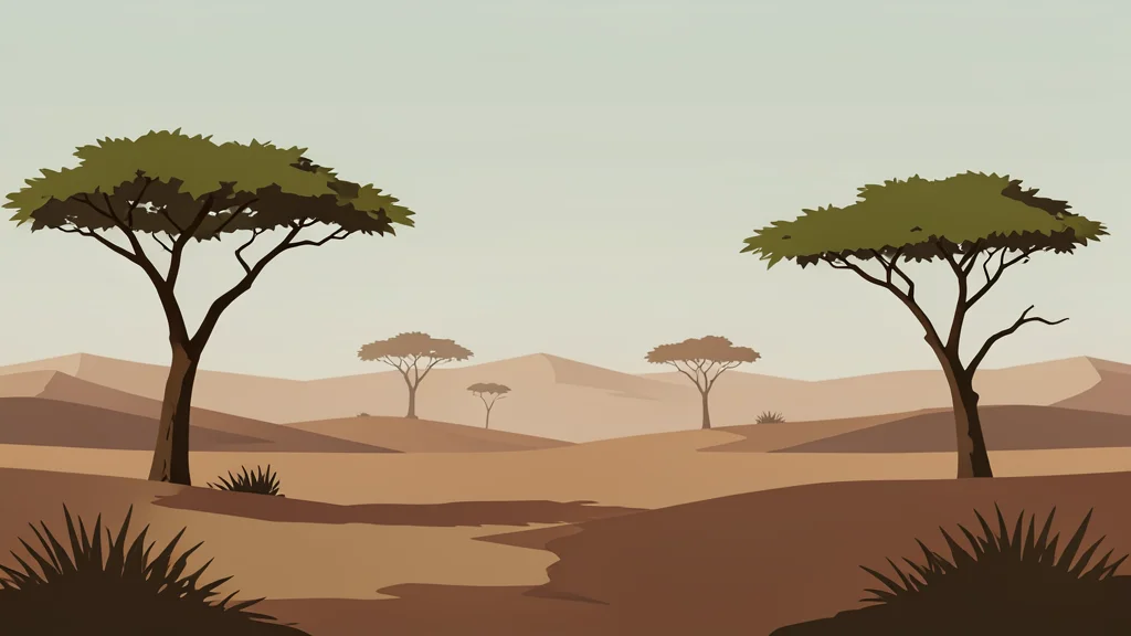A rugged, dusty landscape in the savanna with sparse acacia trees under a hazy sky