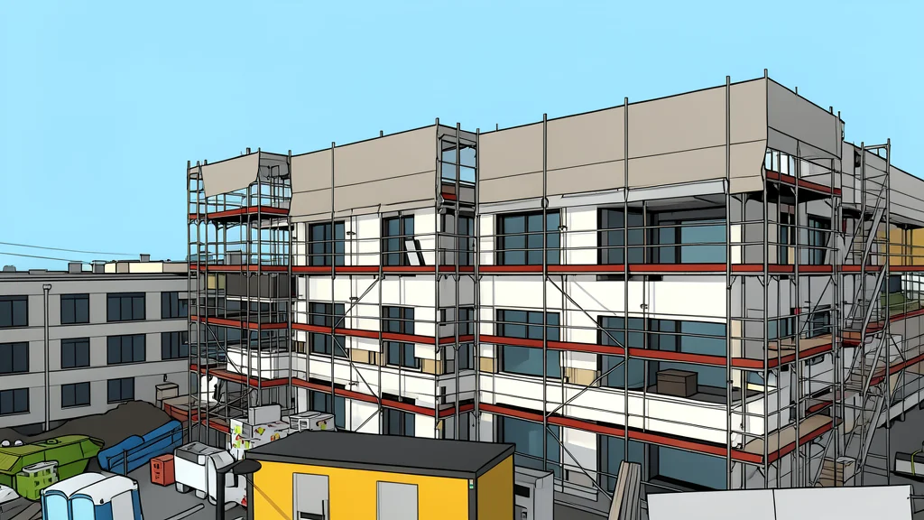 A modern residential building under construction with scaffolding