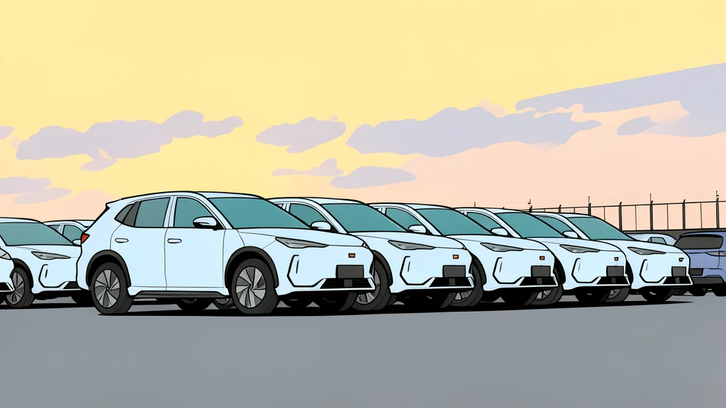 A row of modern electric and hybrid vehicles parked in a large open-air lot