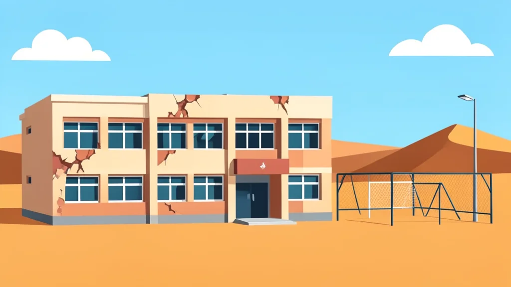 A primary school building with a damaged facade and a sports facility in a desert landscape