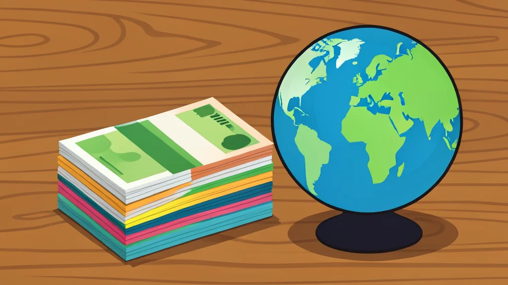 A stack of various foreign banknotes resting on a wooden desk next to a globe