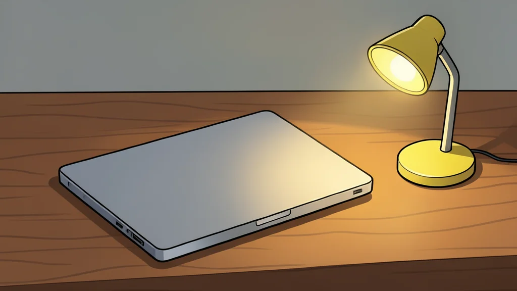 A dimly lit office desk with a closed laptop and a single desk lamp