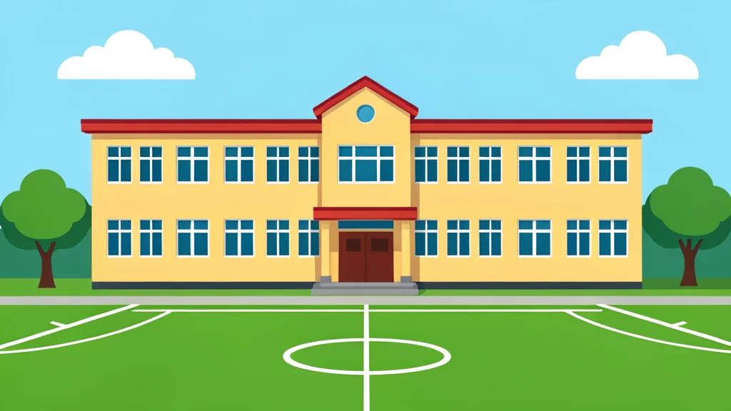A flat vector illustration of a primary school building with a sports field in the foreground.