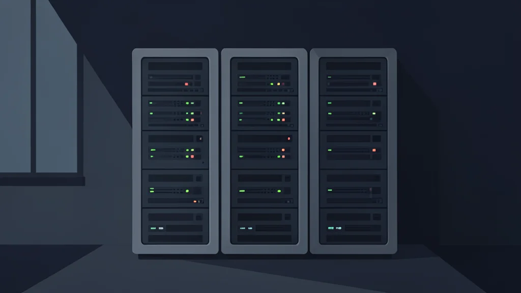 A large, humming server rack with blinking status lights in a dark room