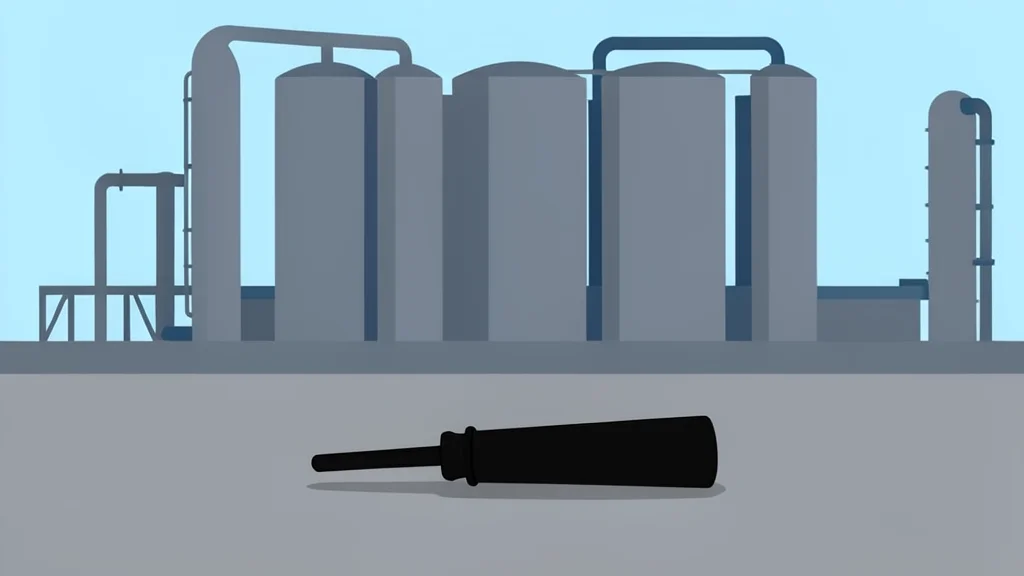 A diesel fuel pump nozzle resting on a concrete surface next to a large industrial refinery structure in the distance