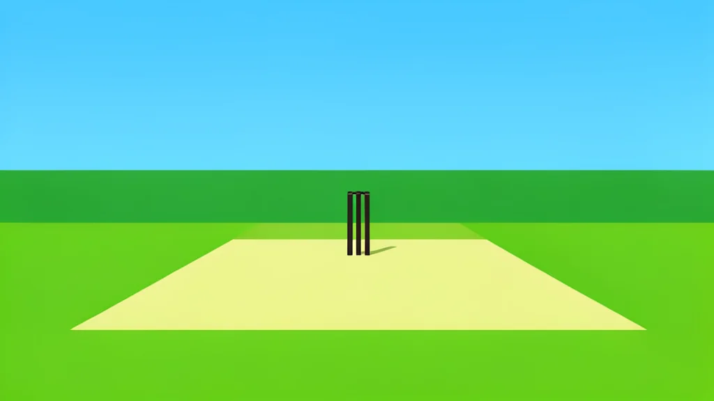A cricket pitch with a wicket at one end, surrounded by a green outfield under a clear sky.