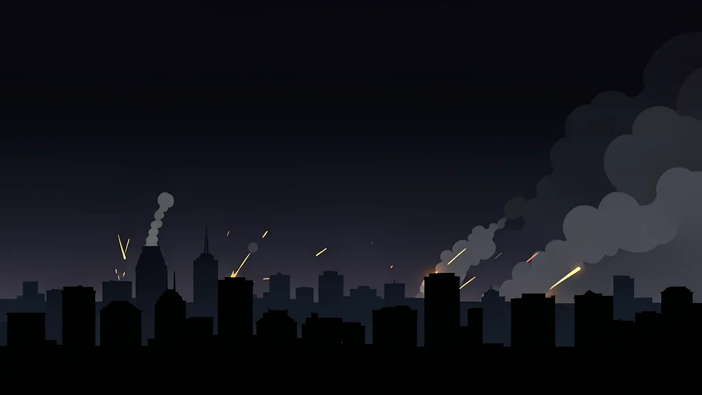 A dark night sky over a city skyline with distant flashes of light and smoke rising from the horizon