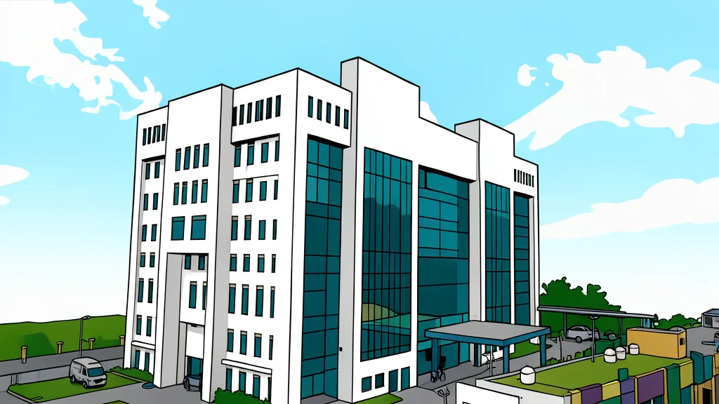 A modern hospital building exterior with glass windows and a calm courtyard