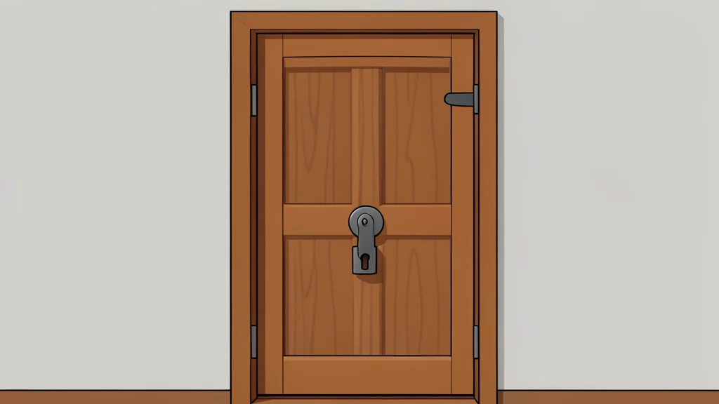 A closed wooden door with a heavy iron lock set against a plain wall