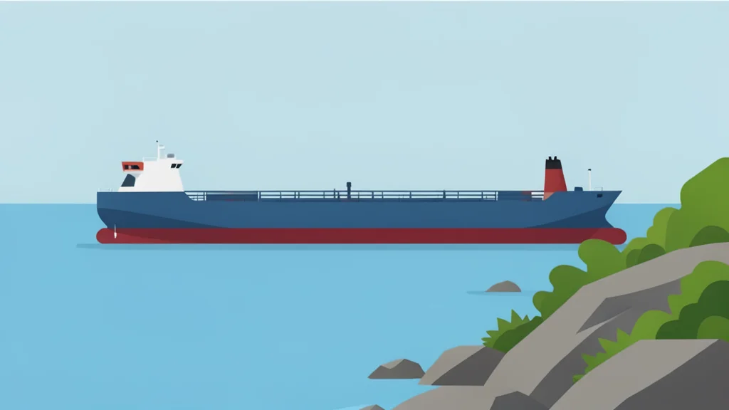 A large oil tanker ship floating on calm blue water near a rocky coastline.