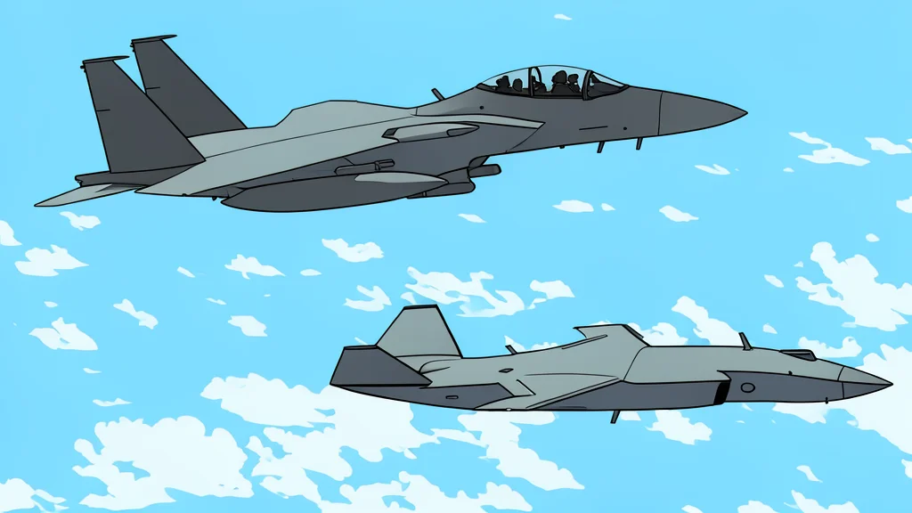 A sleek unmanned jet flying in formation with a crewed fighter over a European landscape