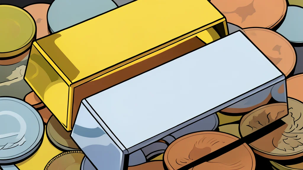 A stack of shiny, unmarked silver coins and a small pile of gold bars on a dark surface