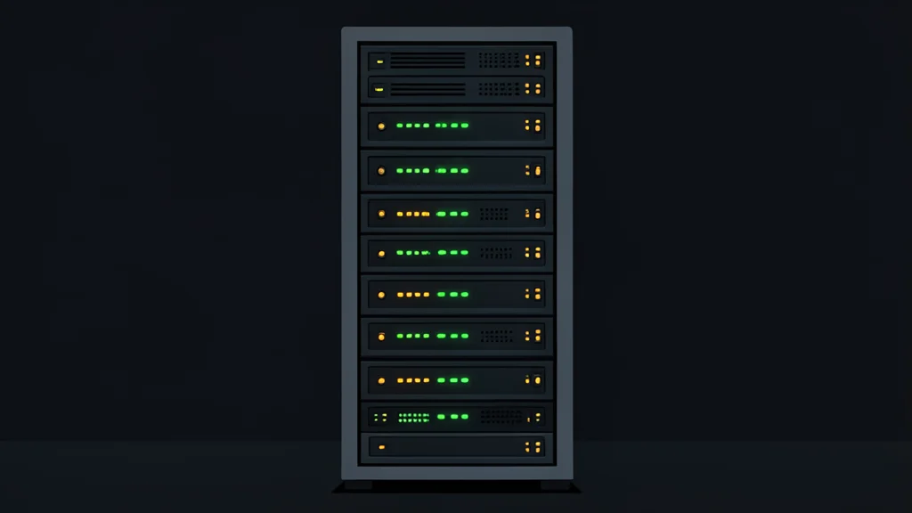 A large, humming server rack with blinking status lights in a dark room