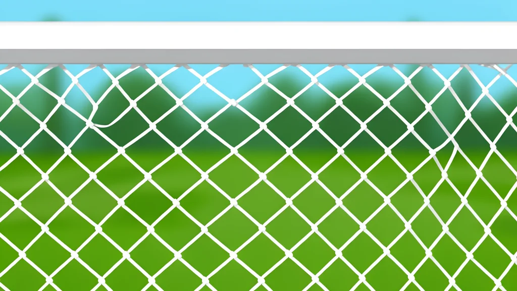 A flat-vector illustration of a green football pitch with white boundary lines and a goal net in the background.