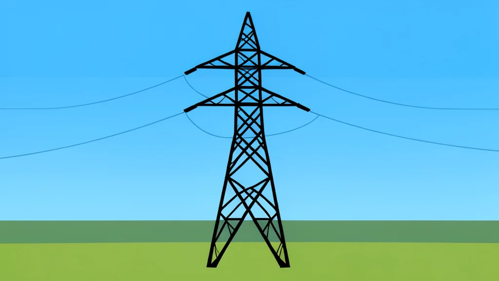 A high-voltage electrical transmission tower standing in a vast, open field under a clear sky