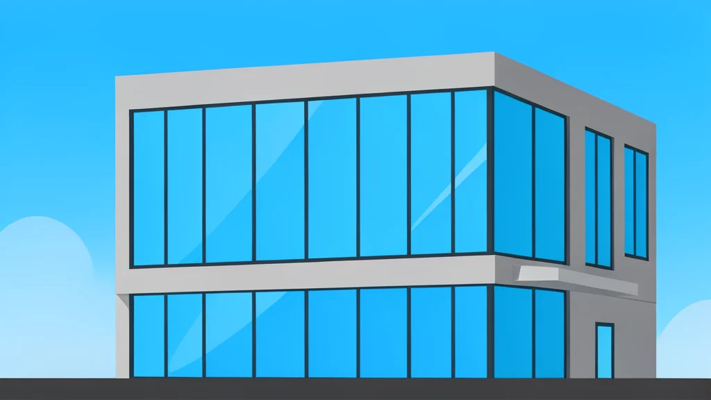 A modern office building with large glass windows reflecting a blue sky.