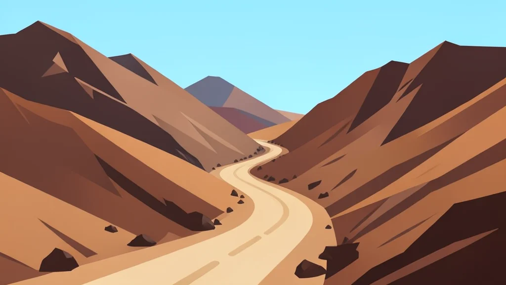 A rugged mountain pass with a dusty road winding through arid terrain