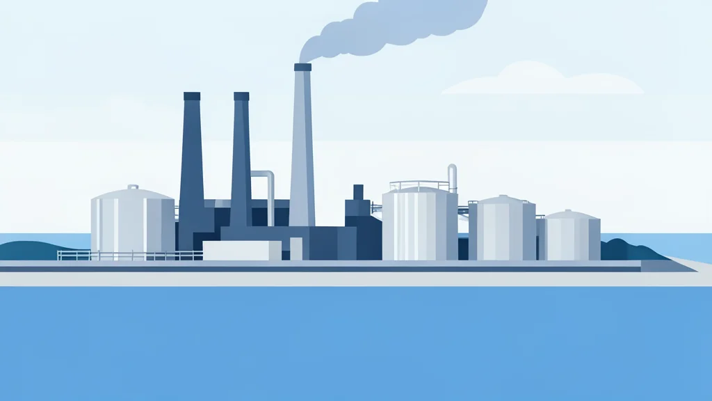 A large industrial refinery complex with tall smokestacks and processing tanks situated near a body of water