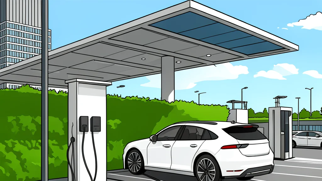 A modern electric vehicle charging station with a cable plugged into a car port, set against a blurred urban street background.