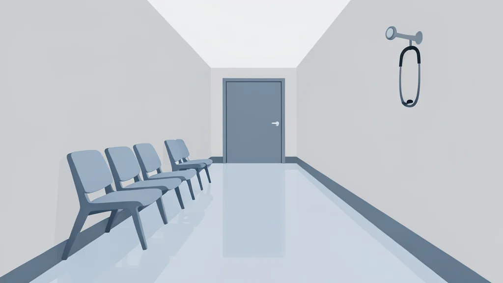 A quiet hospital corridor with empty chairs and a stethoscope hanging on a wall hook