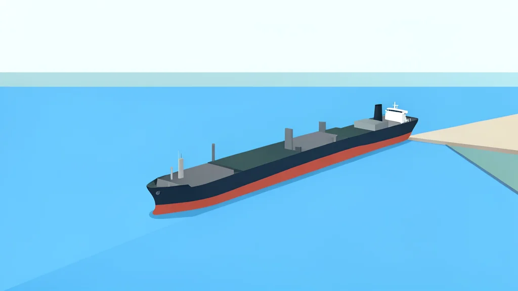 A vast, calm stretch of water with a single large tanker ship moving slowly through the channel