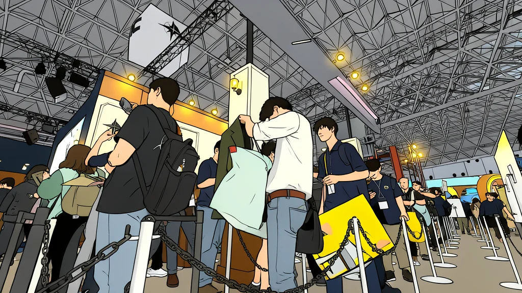 A large exhibition hall filled with rows of gaming consoles and controllers on display tables