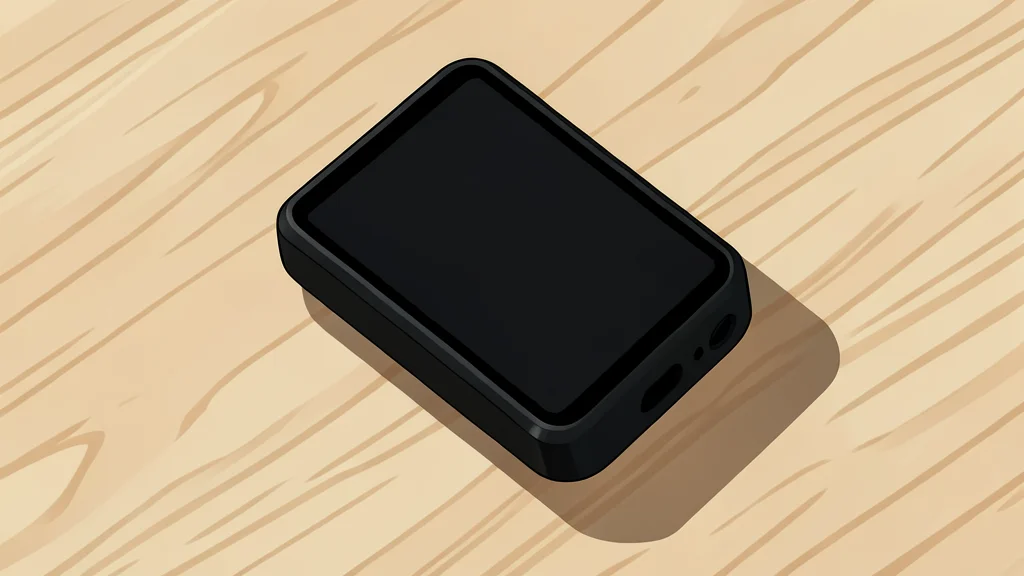 A sleek, rectangular fitness tracker with a dark screen resting on a wooden desk next to a smartphone