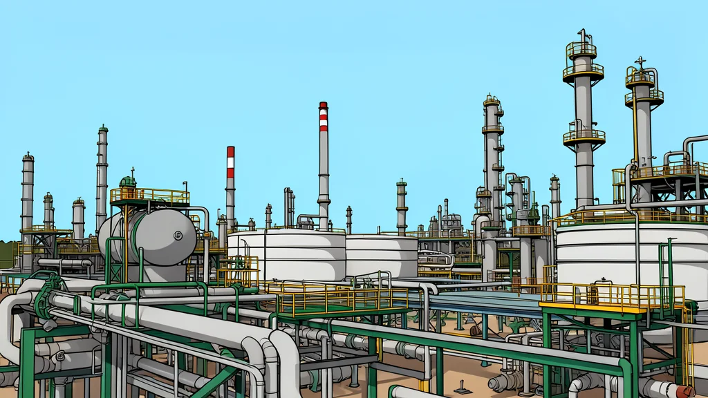 A large industrial refinery complex with tall distillation towers and piping against a twilight sky