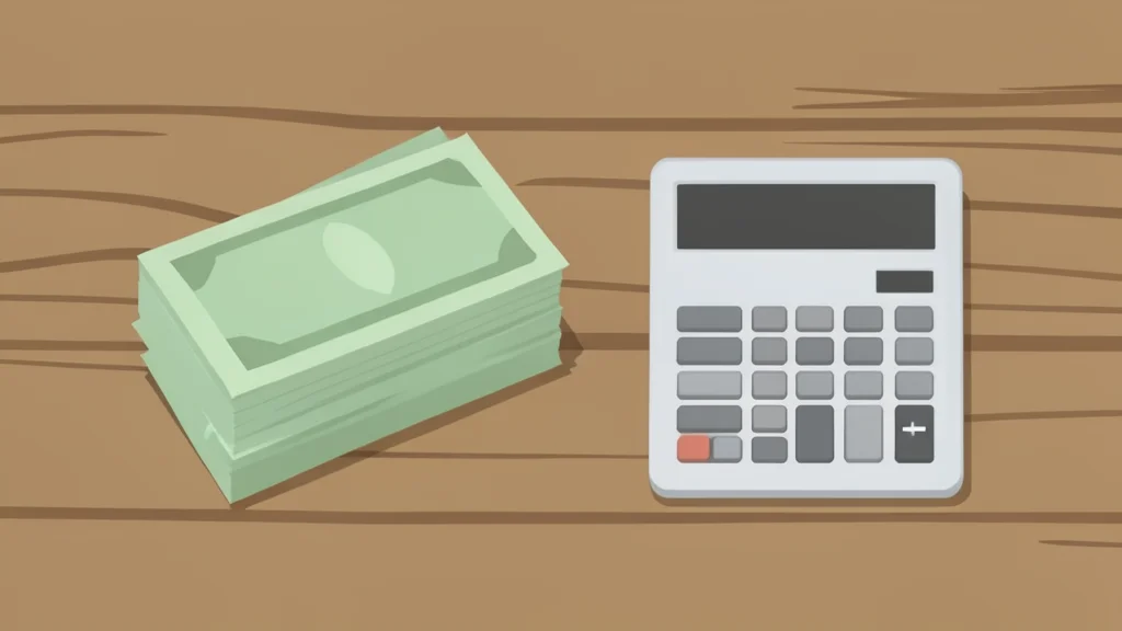 A stack of paper currency and a calculator on a wooden desk