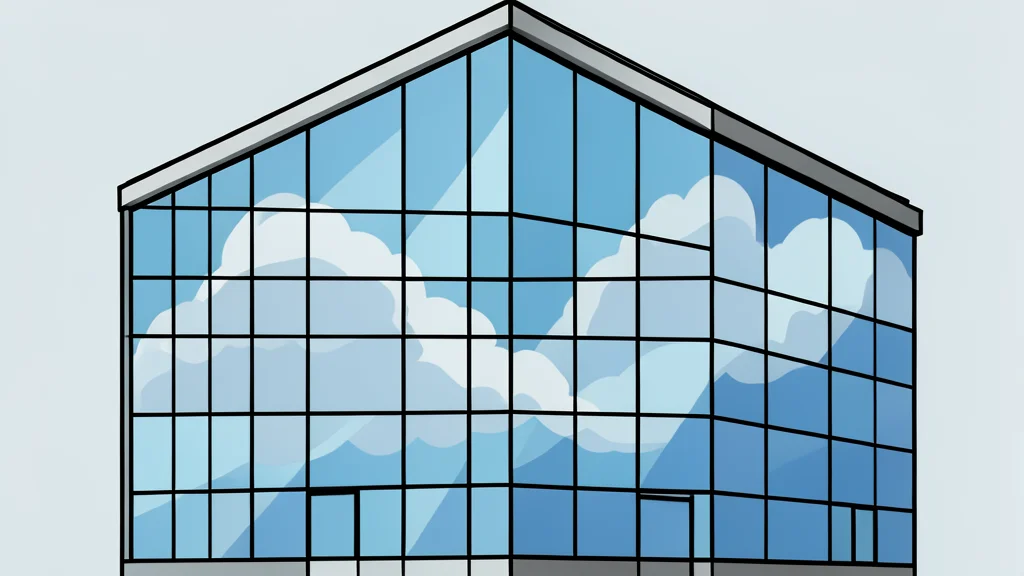 A modern glass office building facade reflecting a cloudy sky