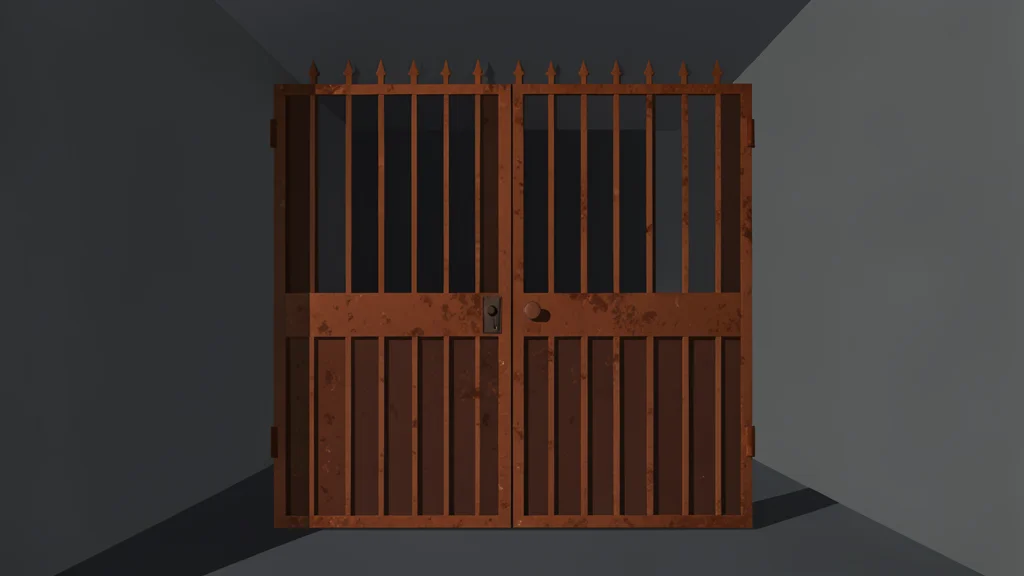 A heavy, rusted iron gate standing in a dimly lit corridor