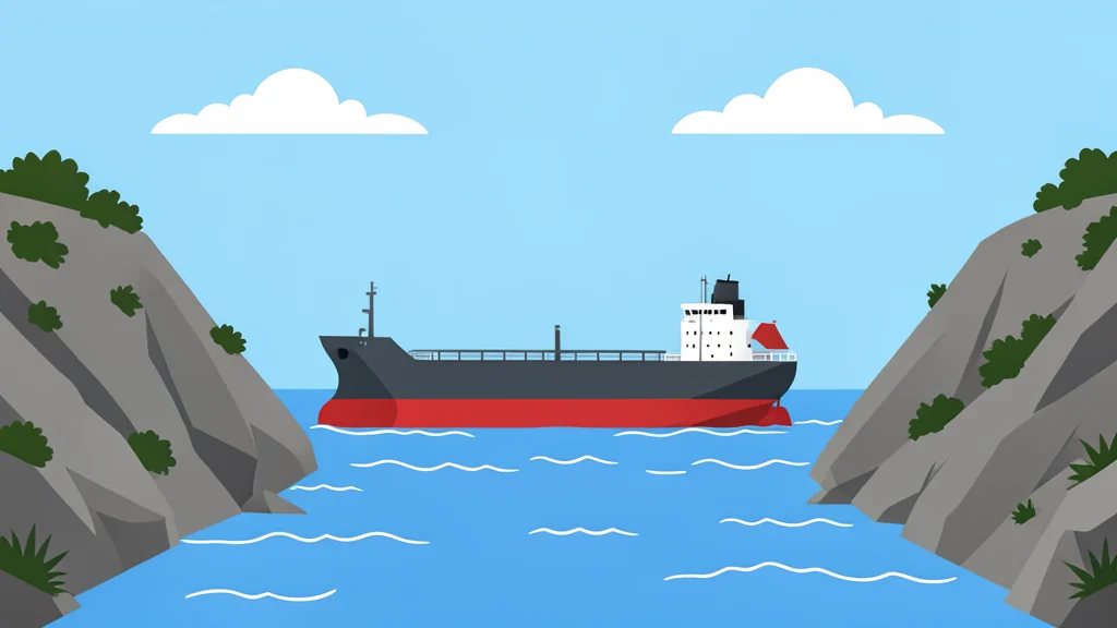 A large oil tanker ship moving through a narrow strait between rocky cliffs