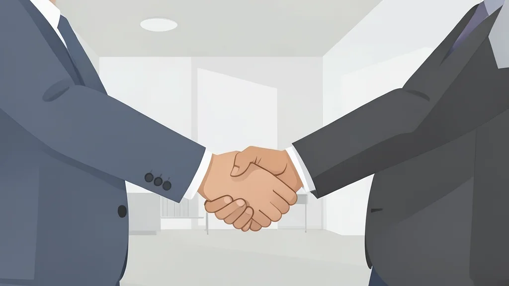 A handshake between two business professionals in a modern office setting
