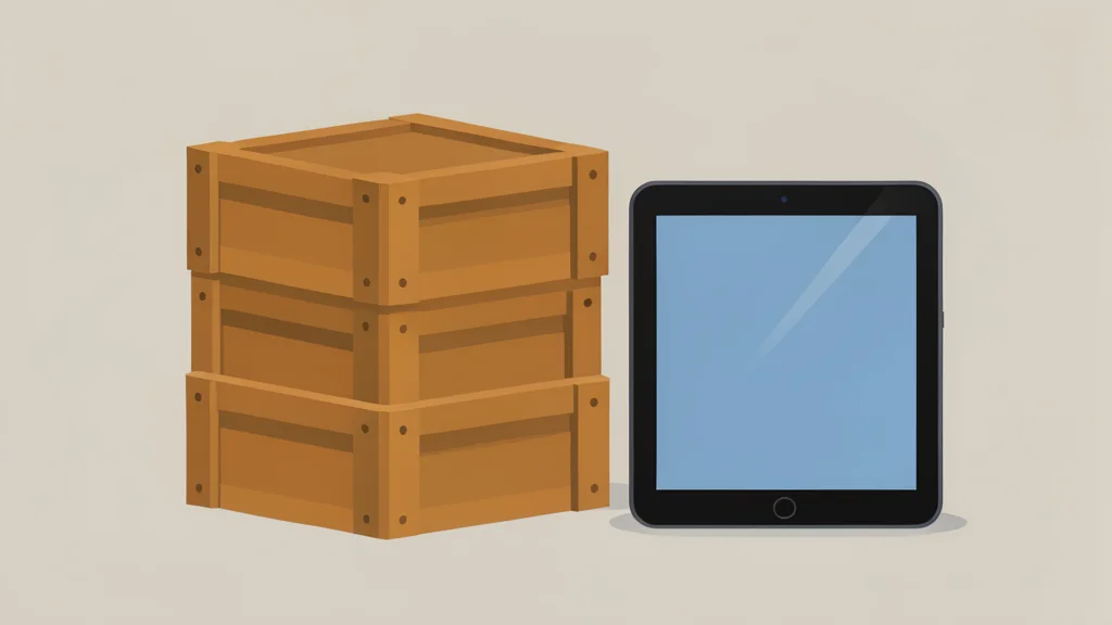 A stack of wooden shipping crates next to a modern digital tablet device