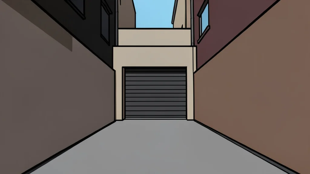 A narrow paved alleyway with high walls and a single closed garage door in a dense urban setting