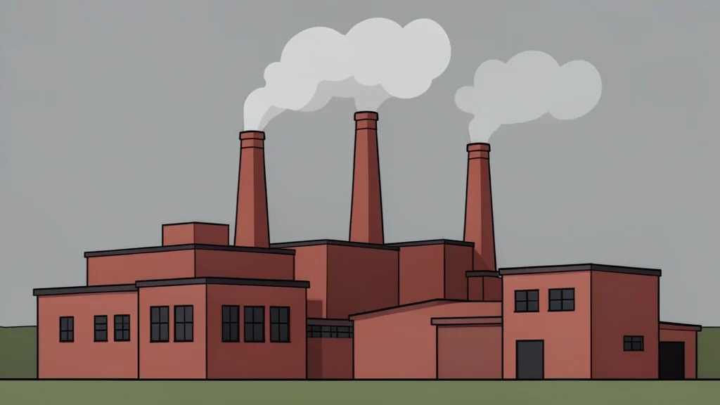 A cluster of industrial factory buildings with smokestacks under a grey sky