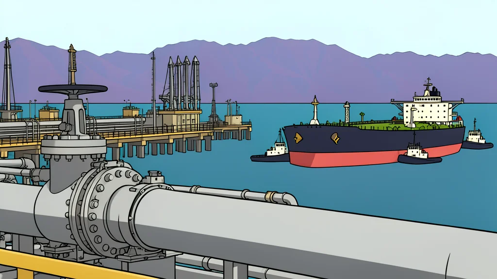 A large oil tanker ship floating on calm blue water near a rocky coastline