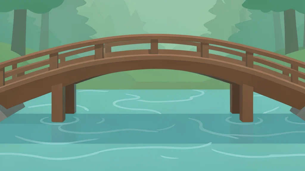 A traditional Japanese wooden bridge spanning a calm, reflective stream.