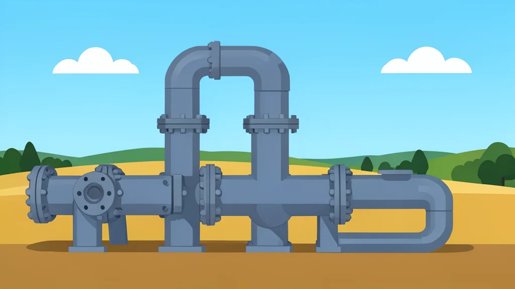 A large industrial pipe system with valves and flanges, set against a backdrop of rural farmland and a clear sky.