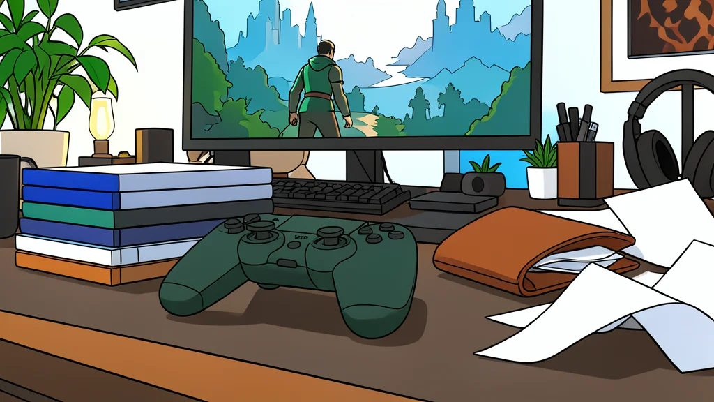 A stack of colorful video game cases next to a controller on a desk