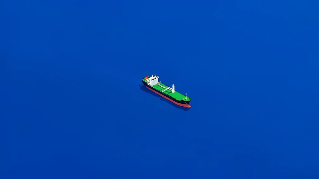 A wide expanse of deep blue sea with a single oil tanker ship moving through the water, viewed from a high angle.