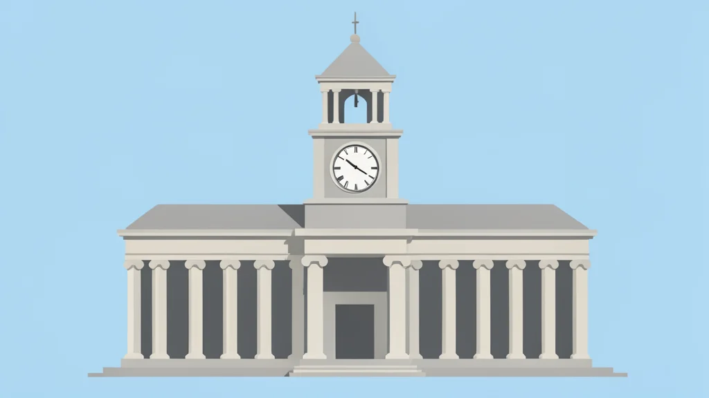 A large, classical stone building with columns and a clock tower