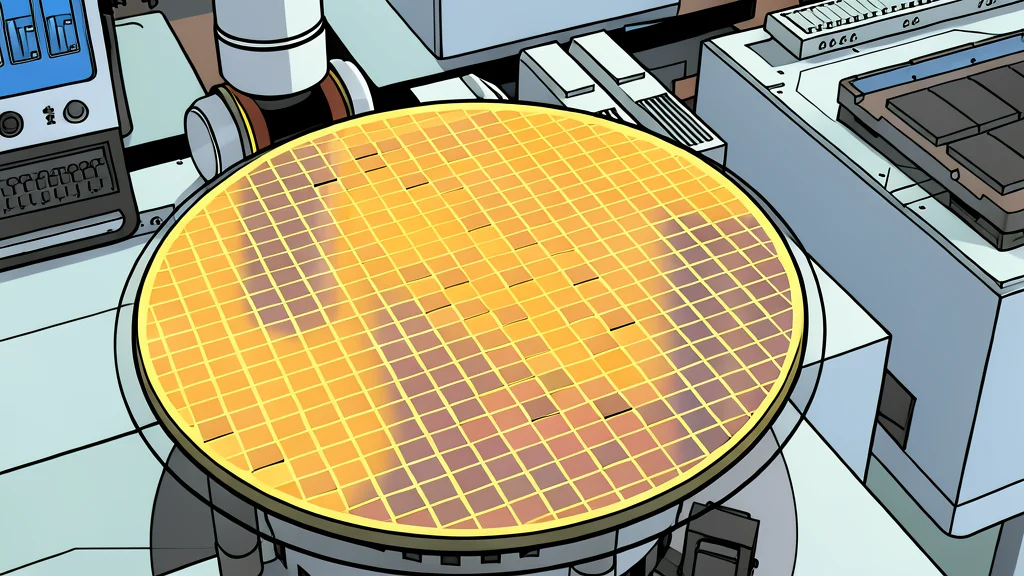 A close-up view of a silicon wafer with a grid of square integrated circuits