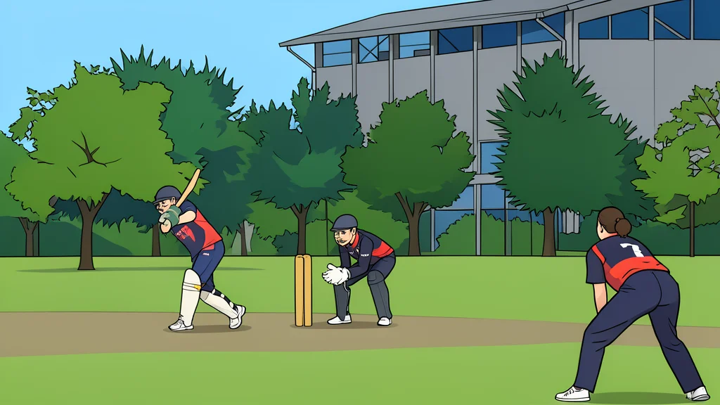 A cricket pitch with a wicket at one end and a grassy field stretching into the distance under a cloudy sky.
