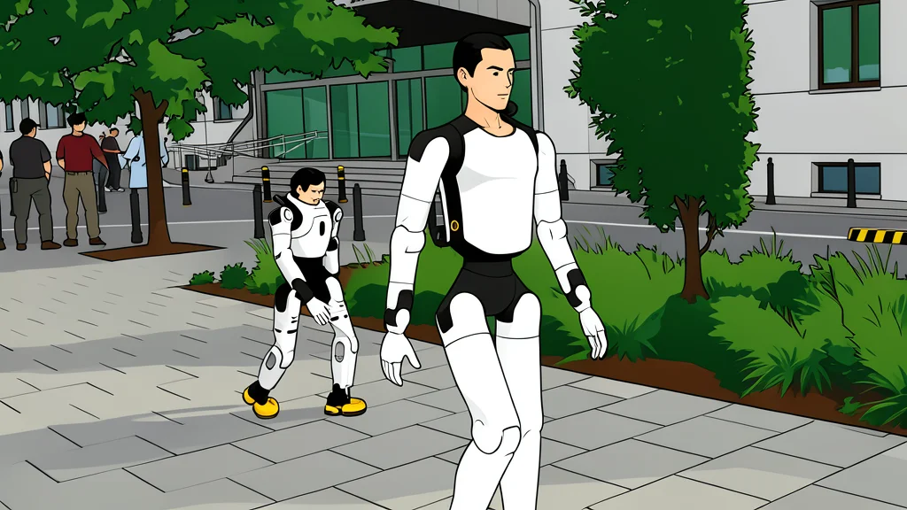 A sleek, metallic humanoid robot standing on a polished concrete floor in a large industrial warehouse
