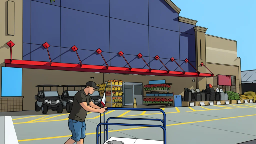 A shopping cart filled with generic household goods in a bright, empty retail aisle