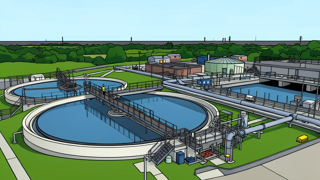 A large industrial water treatment facility with circular sedimentation tanks and concrete pipes.