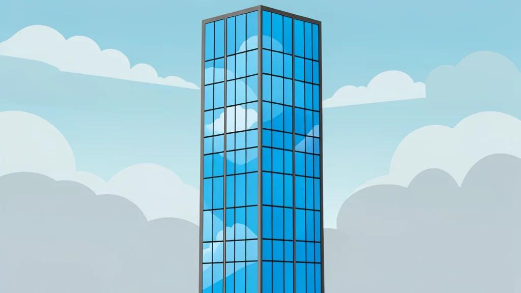 A modern glass skyscraper reflecting a cloudy sky