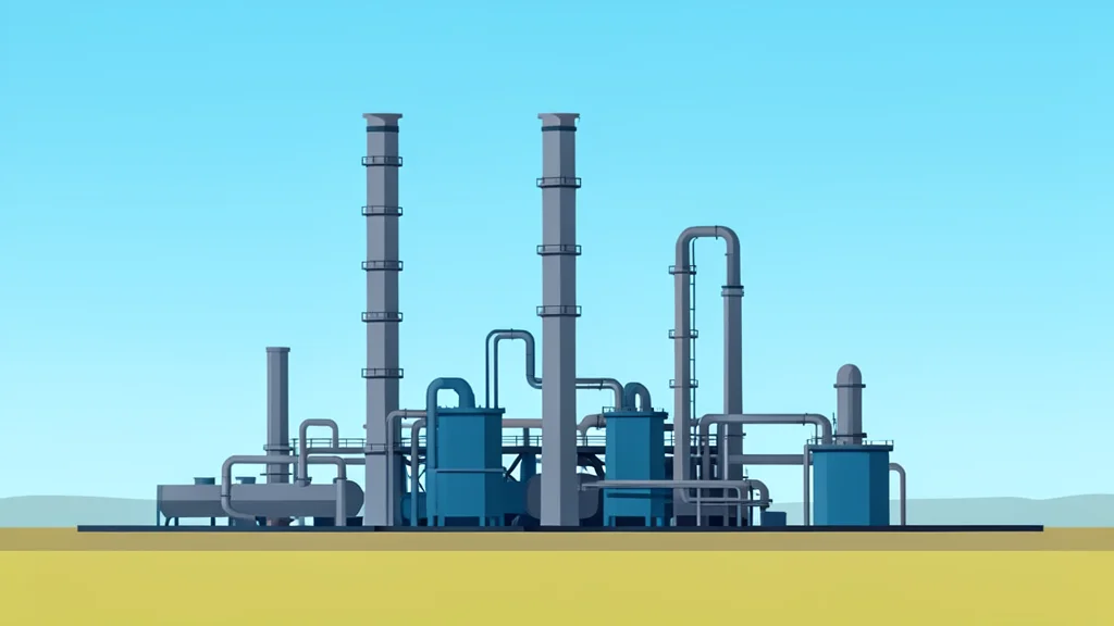 A flat-vector illustration of industrial gas processing facilities with tall vertical stacks and complex piping networks in an open landscape.